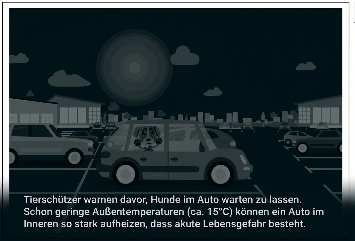 Hund im Auto in der Sonne auf einem Parkplatz, Warnung vor Hitze